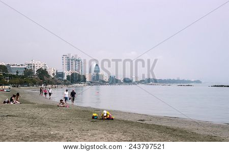 Limassol, Cyprus - May 4, 2018: Aerial View Of A Sandy City Beach In Limassol, Cyprus.