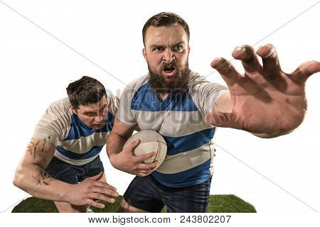 The Silhouette Of Two Caucasian Rugby Man Players Isolated On White Background. Studio Shot Of Fit M