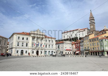 Piran, Slovenia - April 14, 2014: Historic Centre Of Piran On April 14, 2014 In Piran, Slovenia. Ful