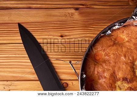 Apricot Pie Baked In Foil With Ingredients Cinnamon, Abricot, Eggs, Flour, Milk And Sugar. Food Phot