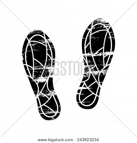 Footprints And Shoeprints Icon In Black And White Showing Bare Feet And The Imprint Of The Soles Wit