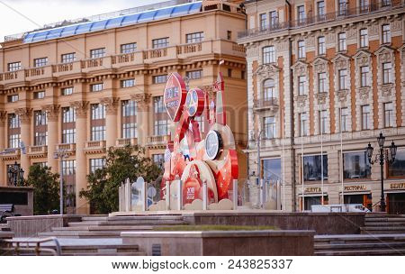 Moscow, Russia - May 31, 2018: Clock Countdown To World Cup-2018 On Manege Square Winter.