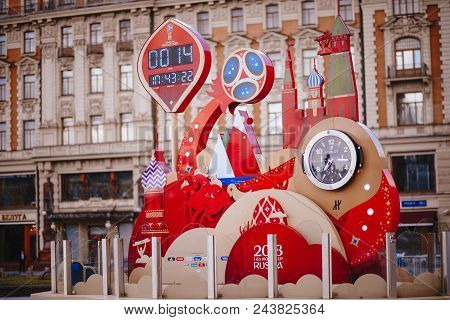 Moscow, Russia - May 31, 2018: Clock Countdown To World Cup-2018 On Manege Square Winter.