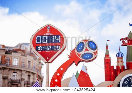Moscow, Russia - May 31, 2018: Clock Countdown To World Cup-2018 On Manege Square Winter.