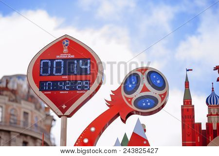 Moscow, Russia - May 31, 2018: Clock Countdown To World Cup-2018 On Manege Square Winter.