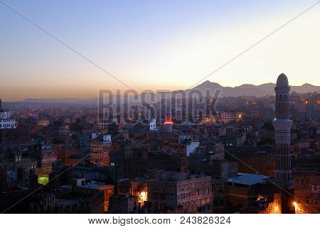The Capital Of Yemen. View On The Old City From Roof At Dawn