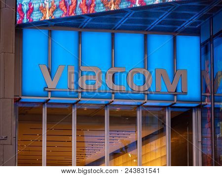 New York, Ny - May 16, 2018: Viacom Logo At Their Times Square Headquarters Entrance