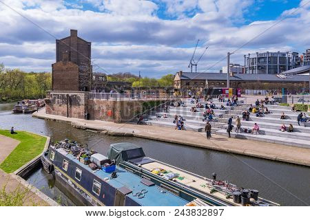 London, United Kingdom - April 17:  This Is Granary Square Riverside Park, An Area Along The Regents