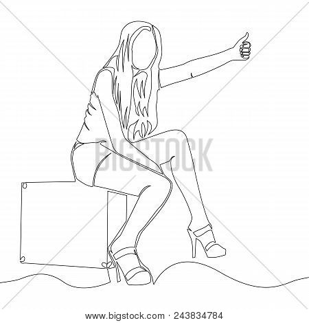Continuous Line Art One Line Drawing Of Traveler Girl Is Sitting On Bag Vector Illustration
