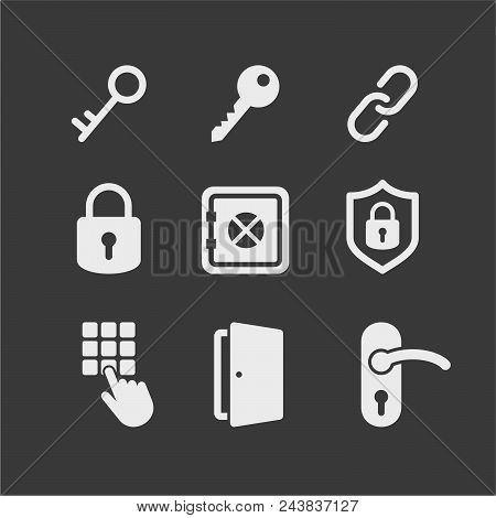 Padlock Flat Vector Icons Set. Doors Flat Vector Icons Set. Keys Flat Vector Icons Set. Lock, Key, P
