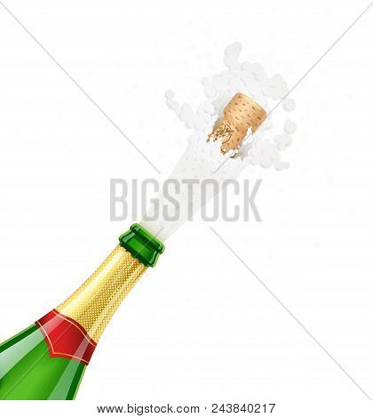 Champagne Green Bottle. Explode Traditional French Alcohol Drink. Grape Wine. Celebration Symbol. Ho