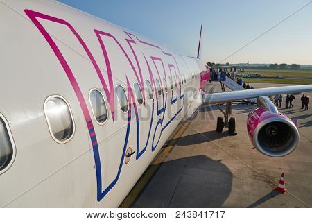 BUDAPEST, HUNGARY - APRIL 28:, 2018 Wizzair airliner at Budapest Liszt Ferenc Airport, Airbus A321 with the new company logo