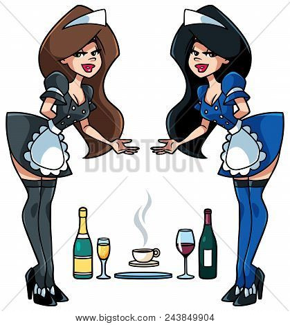 Pretty Maid In 2 Color Versions, Serving Drinks On A Salver Or Presenting Your Product. You Can Put 