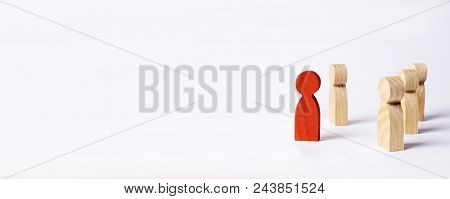 A Man Stands In The Crowd And Looks The Other Way On A White Background. Concept Meeting Rally. Anot