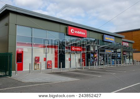 Prestatyn, Uk: June 3, 2018: Vodafone, Card Factory, And Costa Have Neighbouring Stores On The Parc 
