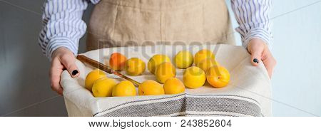 A Banner Of A Man Holding A Tray Full Of Fresh Apricots And Peaches From The Garden.