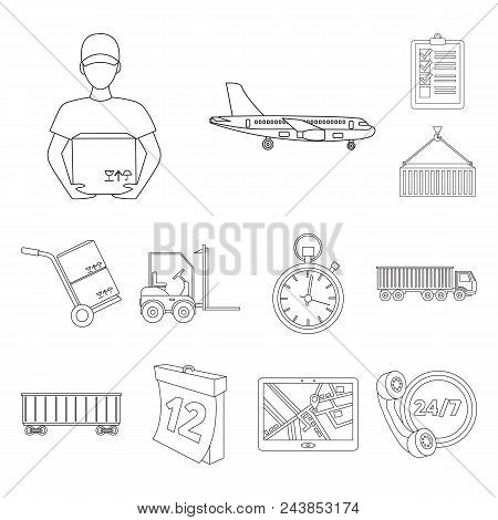 Logistics Service Outline Icons In Set Collection For Design. Logistics And Equipment Vector Symbol 
