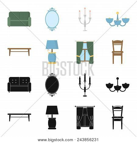 A Coffee Table, A Lamp, Curtains, A Chair.furniture Set Collection Icons In Black, Cartoon Style Vec