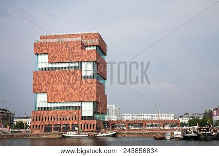 Antwerp, Belgium - 2016, May 28 : The Modern Building Of The Mas Museum In The Eilandje District Of 