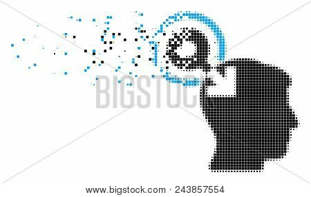 Fractured Brain Interface Plug-in Dotted Vector Icon With Destruction Effect. Rectangular Pixels Are