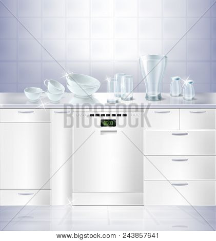 Vector 3d Realistic Mock Up Of Kitchen Room With White Clean Floor And Tile Wall. Cupboard With Buil