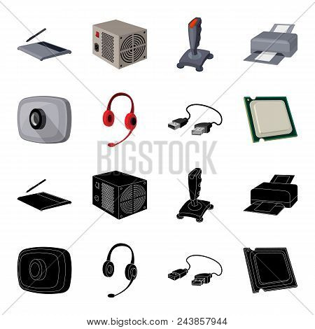 Webcam, Headphones, Usb Cable, Processor. Personal Computer Set Collection Icons In Black, Cartoon S