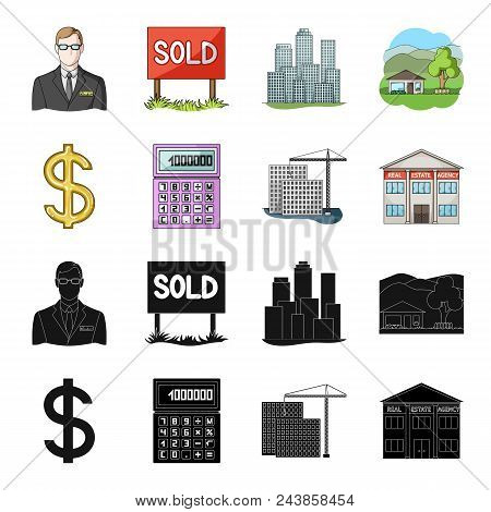 Calculator, Dollar Sign, New Building, Real Estate Offices. Realtor Set Collection Icons In Black, C
