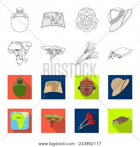 Cork Hat, Darts, Savannah Tree, Territory Map. African Safari Set Collection Icons In Outline, Flat 