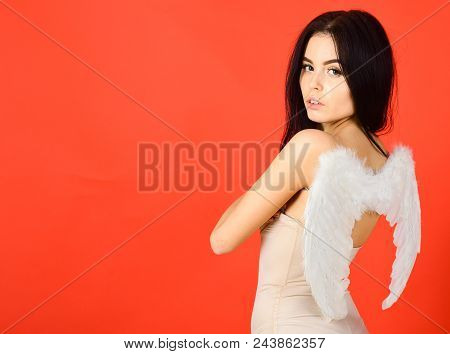 Lady Sexi Dressed As Angel, Red Background. Sexy Angel Concept. Woman On Pensive Face Play Role Game