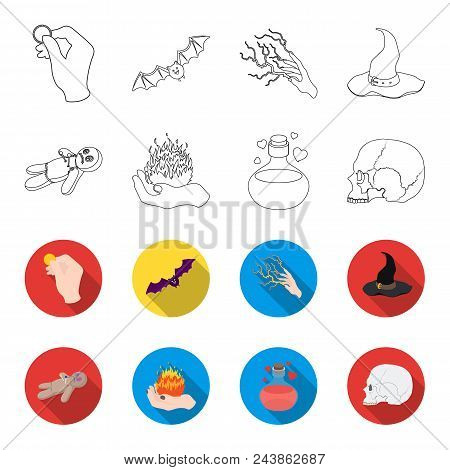 A Voodoo Doll, A Magical Fire, A Love Potion, A Skull.black And White Magic Set Collection Icons In 