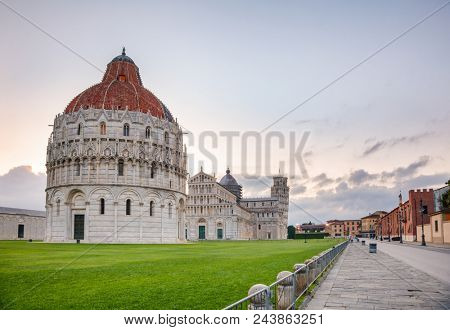Piazza dei Miracoli (Piazza del Duomo) an important center of European medieval art and famous UNESCO World Heritage Site with the Baptistery the Duomo Pisa Cathedral and the Leaning Tower of Pisa