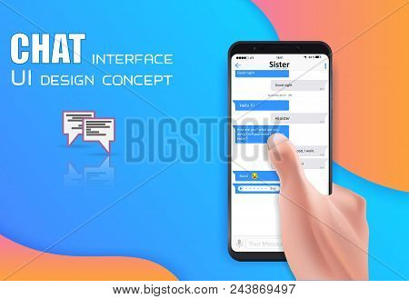 Realistic Hand Holding Mobile Phone Isolated On Creative Background. Social Network Concept Of Chatt