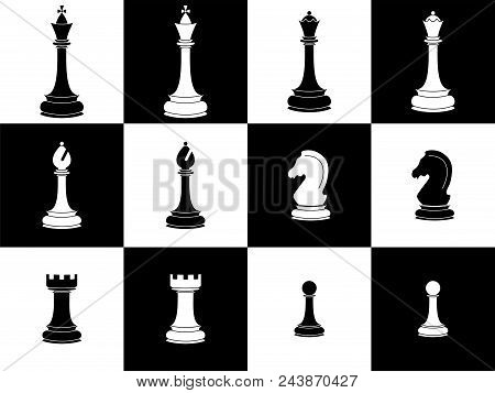 Chess Pieces. Icon Set White And Black Chess Pieces.isolated Elements. Vector Illustration