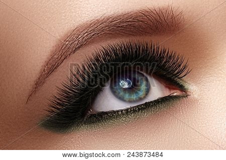 Beautiful Macro Shot Of Female Eye With Extreme Long Eyelashes And Black Liner Makeup. Perfect Shape