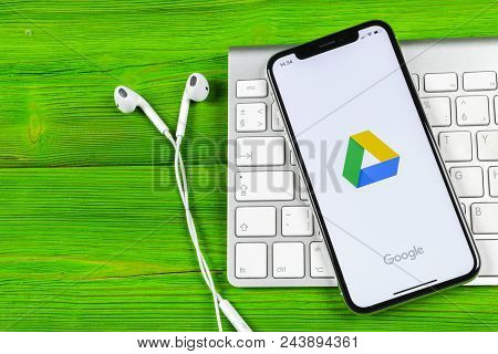Sankt-petersburg, Russia, June 2, 2018: Google Drive Application Icon On Apple Iphone X Screen Close