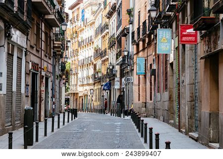 Madrid, Spain - June 2, 2018: Street View Of Lavapies Quarter In Madrid. It Was Long Considered The 