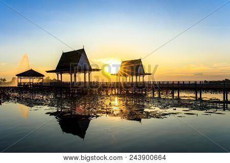 Sunset At The Pavilion On Lake Or Pond Or Swamp Of Bueng See Fai, Phichit, Thailand.