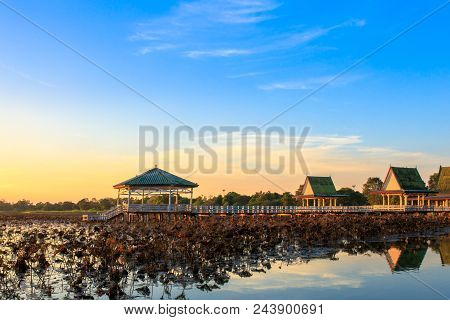 Sunset At The Pavilion On Lake Or Pond Or Swamp Of Bueng See Fai, Phichit, Thailand.