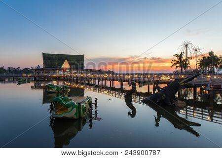 Sunset At The Pavilion On Lake Or Pond Or Swamp Of Bueng See Fai, Phichit, Thailand.