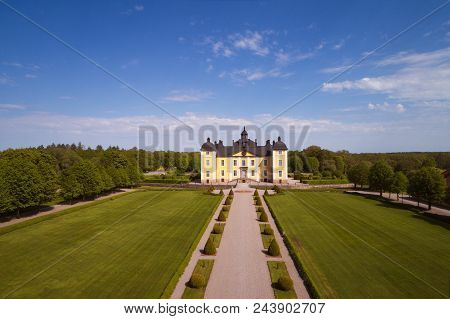 Aerial View Of The Stromsholm Castle Located In The Swedish Province Of Vastmanland.