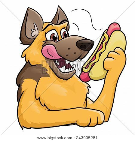 Illustration Of A Hungry Dog Holding A Hot Dog