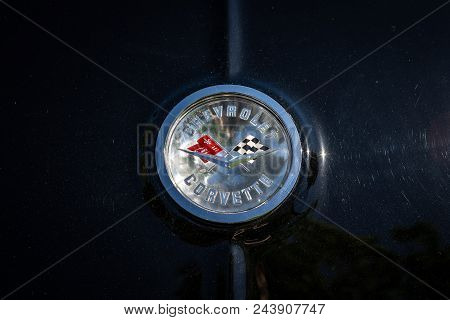 Berlin - May 06, 2018: Logo Of The Sports Car Chevrolet Corvette (c1), Close-up. Oldtimertage Berlin