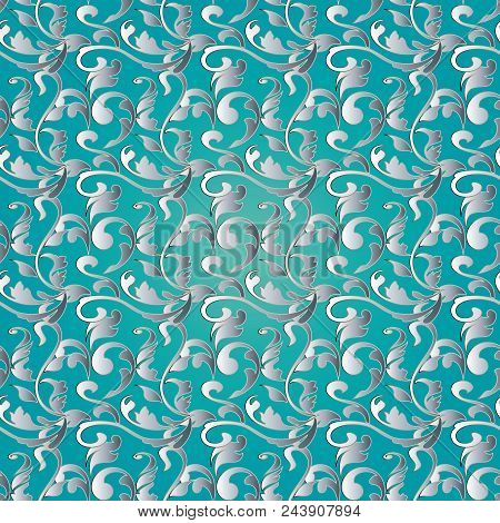 Vintage Baroque Seamless Pattern. Blue Vector Background Wallpaper Illustration With White Vintage F