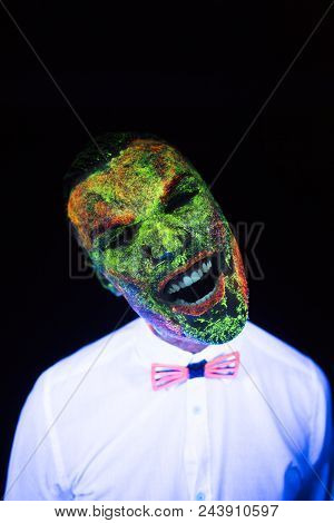 Concept Of Wedding Photosession In Neon Lighting In Vogue Style Groom Young Guy Glows In The Dark Po