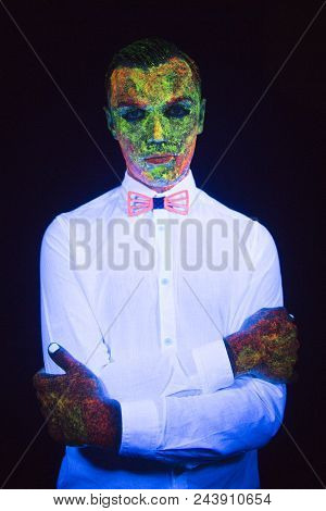 Concept Of Wedding Photosession In Neon Lighting In Vogue Style Groom Young Guy Glows In The Dark Po