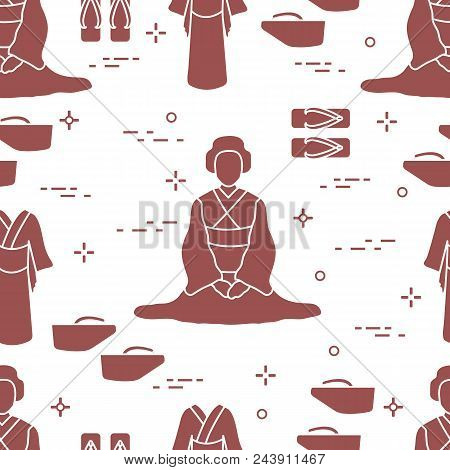 Seamless Pattern With Asian Woman, Traditional Japanese Clothing, Shoes. Travel And Leisure.