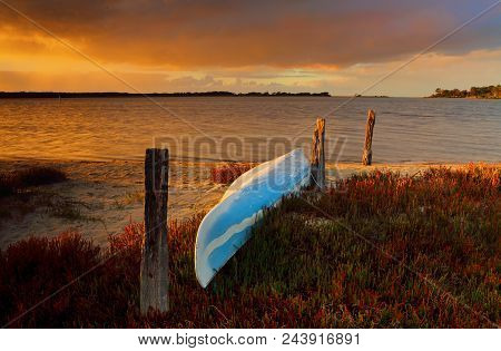 A Blue Canoe Kayak Upturned On The Sandy Shore Full Of Fire Sticks In Bloom As A Vibrant Sunrise Lig