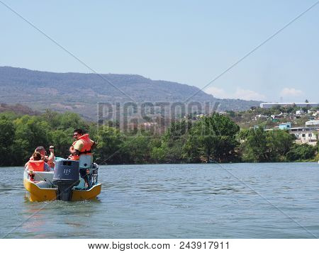 Tuxtla, Mexico North America On February 2018: Panorama Of Motor Boat With Tourists, Grijalva River 