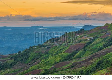 Mountains Under Mist In The Morning With Sunrise At Phu Tub Berk, Petchabun Thailand