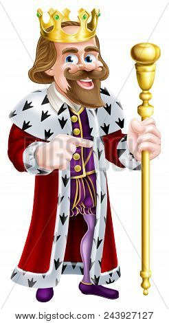 A King Cartoon Character Holding A Sceptre With One Hand And Pointing With The Other